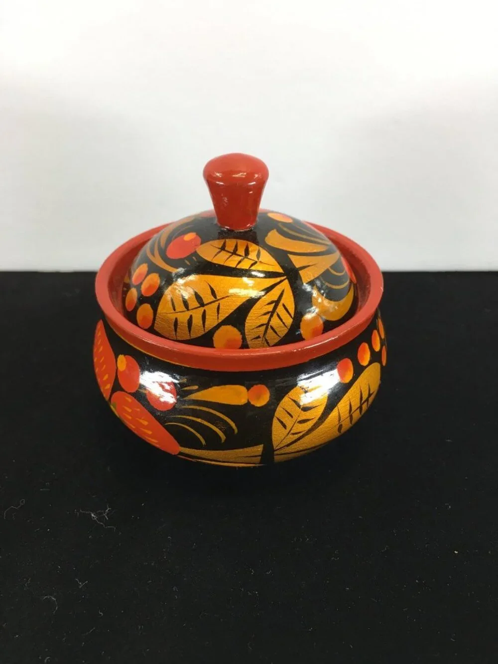 Vintage Russian Khokhloma Lacquered Wood Jar with Lid Painted Red Black
